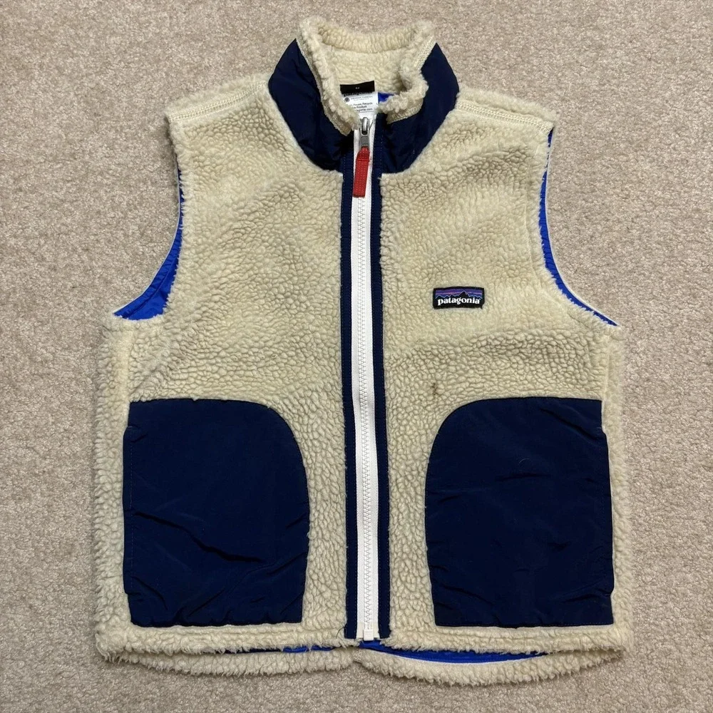 Patagonia Retro X Vest Kids Small White Blue Colorblock Deep Pile Sherpa Fleece